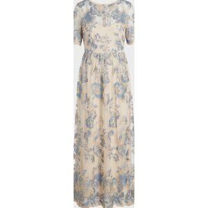 Adrianna Papell Blue & Gold Floral Embroidered Sheer Maxi Dress Gown Size 12